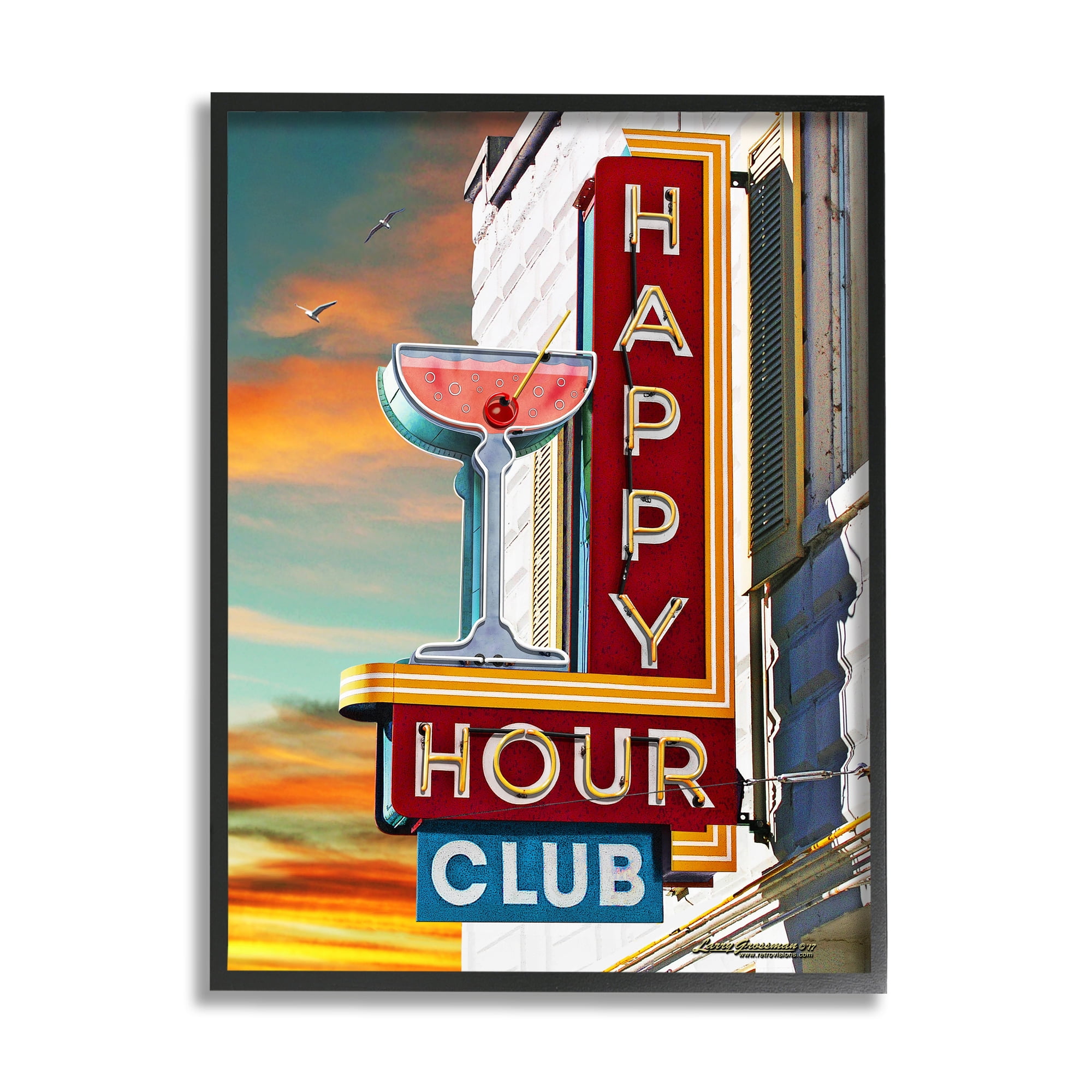 Stupell Industries Happy Hour Club Sign Food & Beverage Painting Black Framed Art Print Wall Art, 16 x 20
