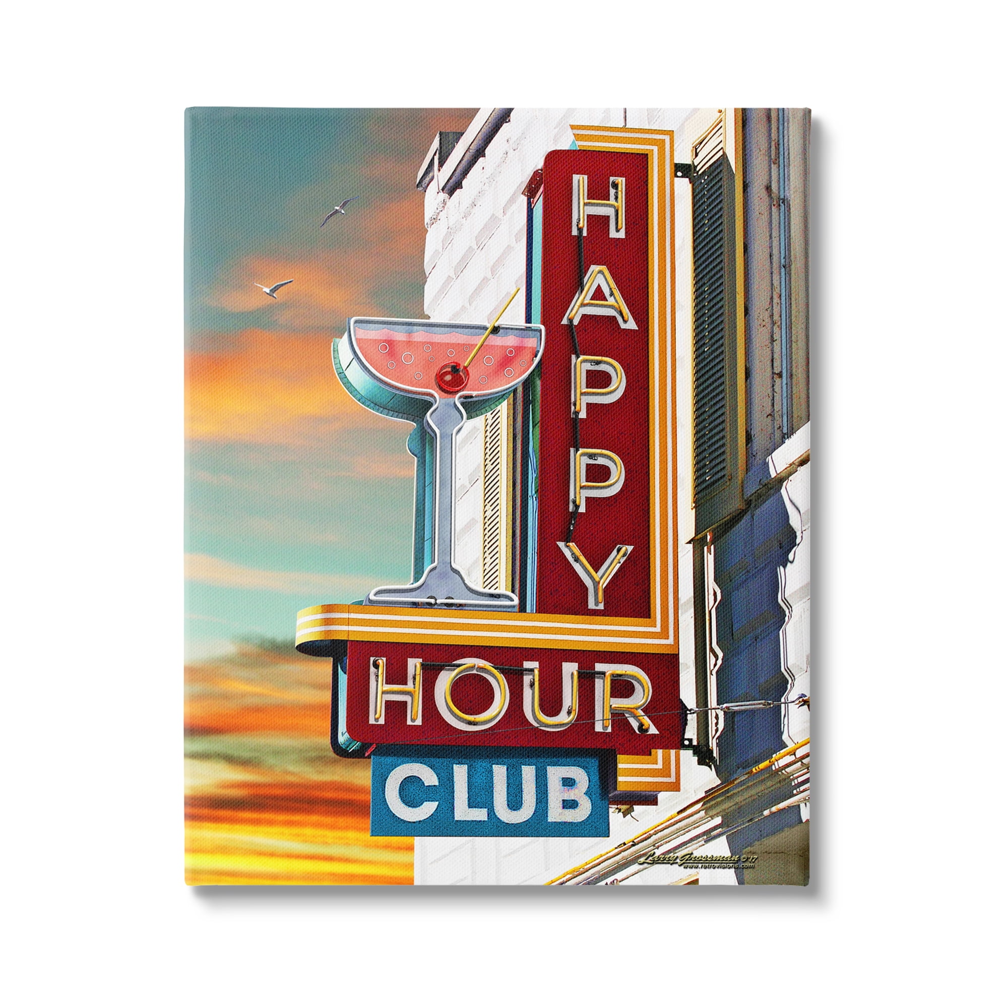 Stupell Industries Happy Hour Club Sign Food & Beverage Painting Gallery Wrapped Canvas Art Print Wall Art, 30 x 40