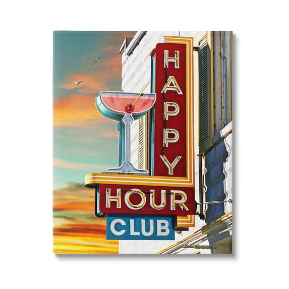 Stupell Industries Happy Hour Club Sign Food & Beverage Painting Gallery Wrapped Canvas Art Print Wall Art, 36 x 48
