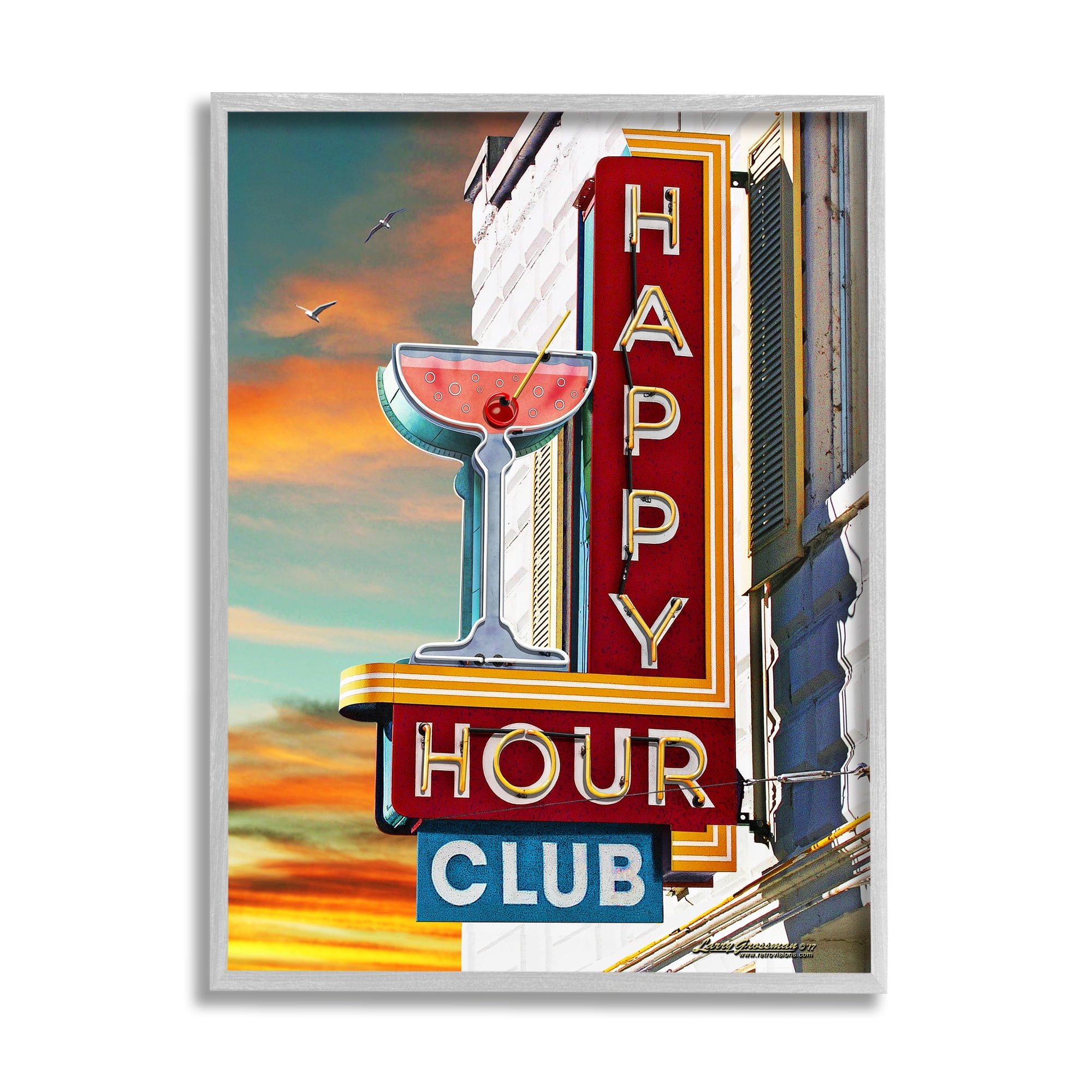 Stupell Industries Happy Hour Club Sign Food & Beverage Painting Gray Framed Art Print Wall Art, 16 x 20