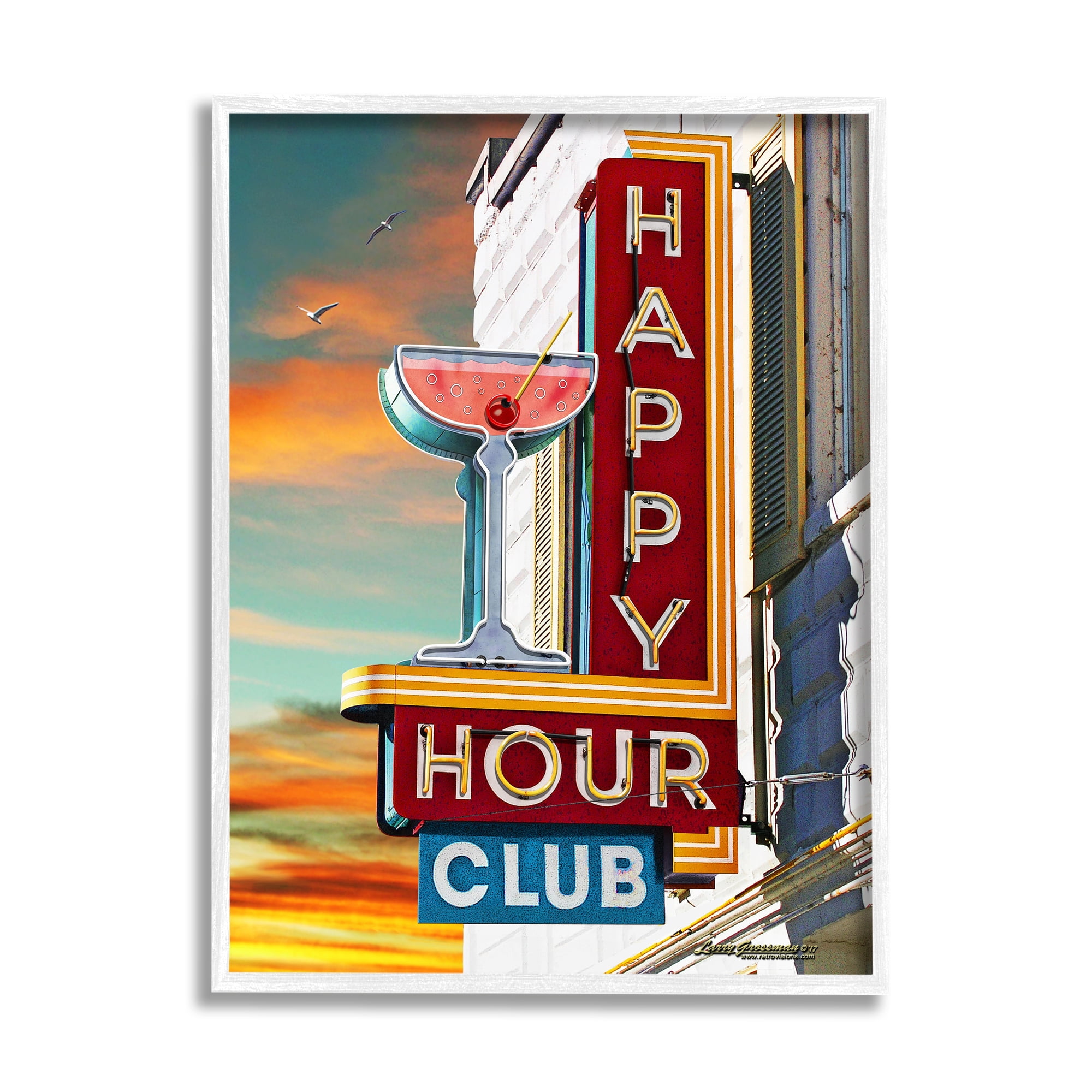 Stupell Industries Happy Hour Club Sign Food & Beverage Painting White Framed Art Print Wall Art, 16 x 20