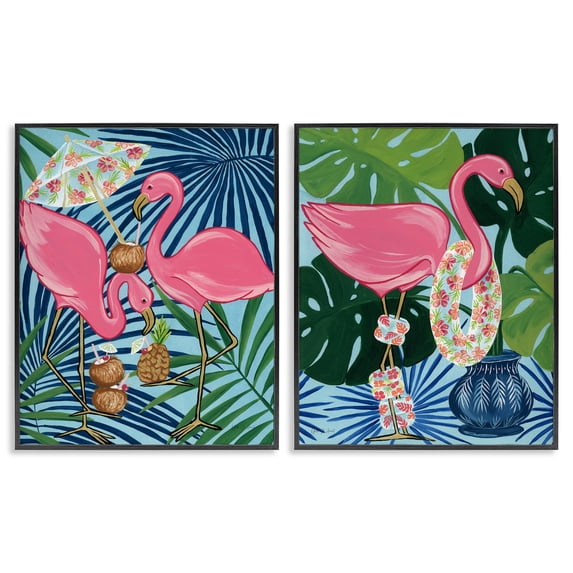 Stupell Industries Happy Hour Flamingos Animals Painting Black Framed Art Print Wall Art, 11 x 14, Set of 2
