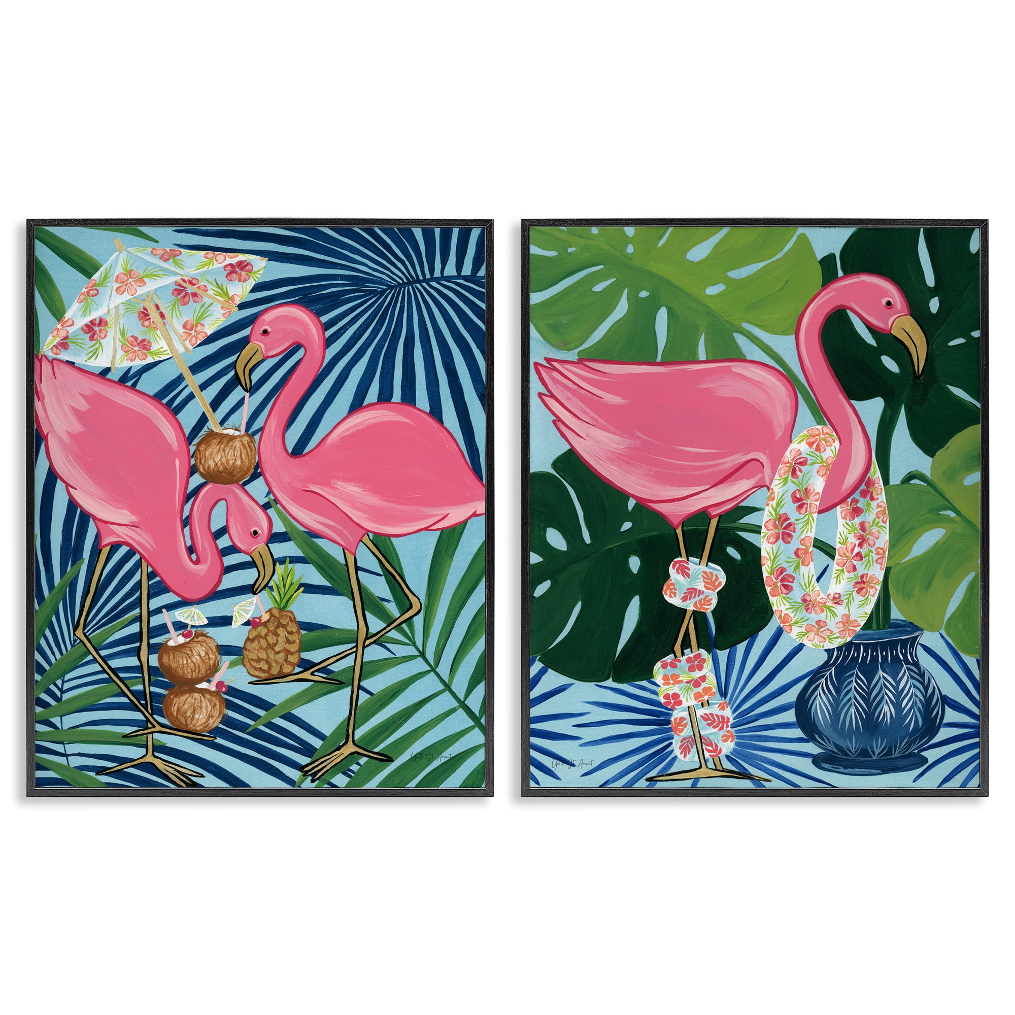 Stupell Industries Happy Hour Flamingos Animals Painting Black Framed Art Print Wall Art, 16 x 20, Set of 2