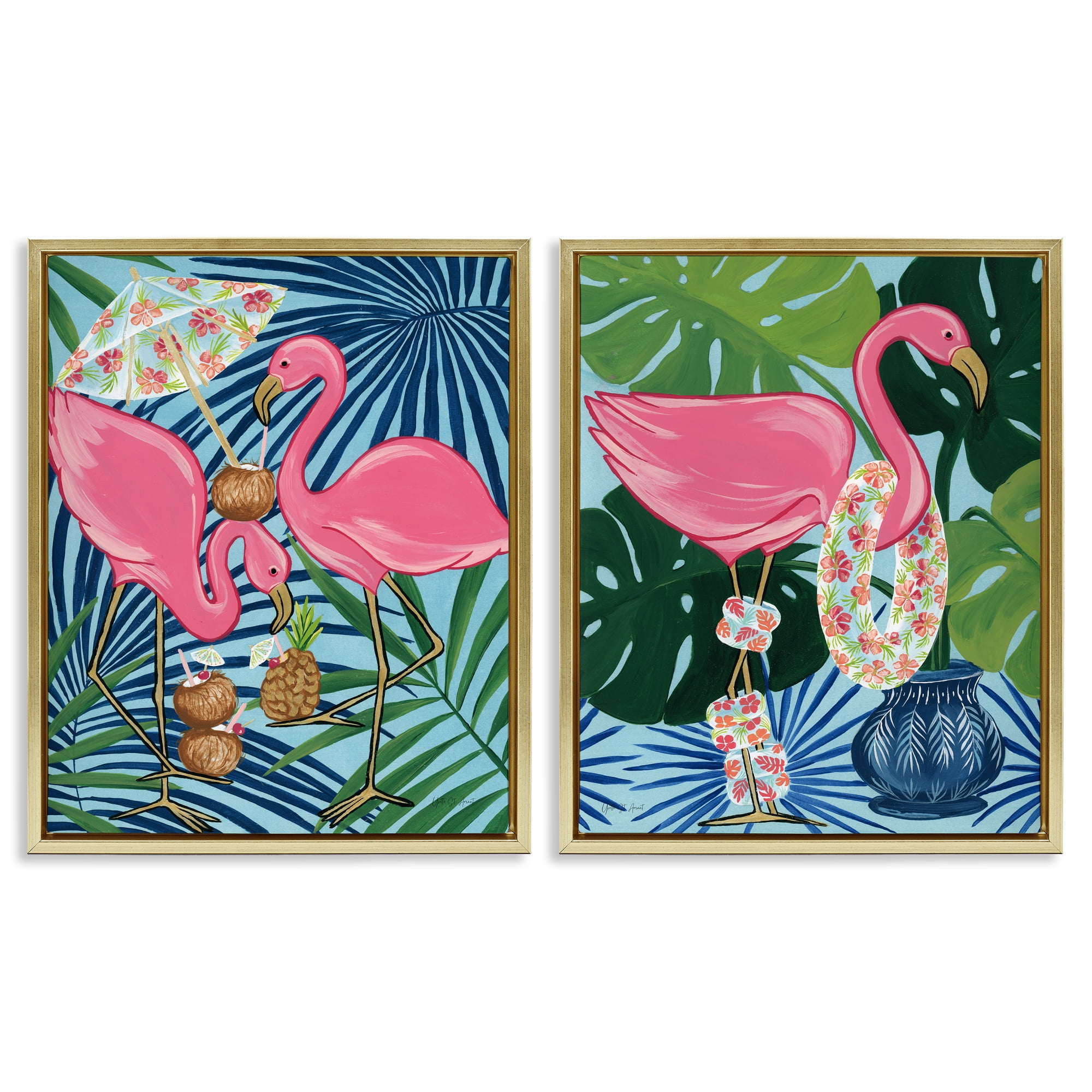 Stupell Industries Happy Hour Flamingos Animals Painting Gold Floater Framed Canvas Art Print Wall Art, 17 x 21, Set of 2