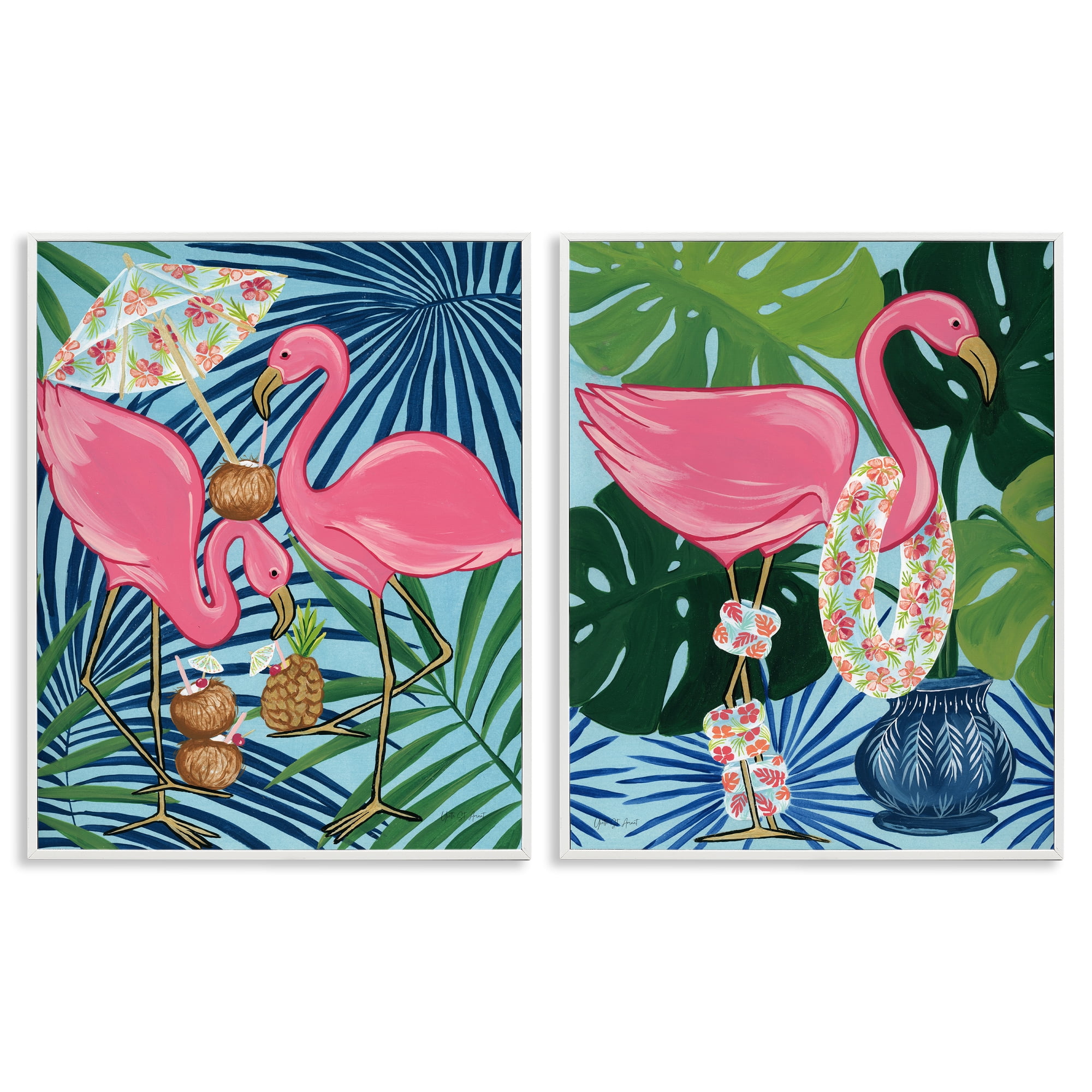 Stupell Industries Happy Hour Flamingos Animals Painting White Framed Art Print Wall Art, 16 x 20, Set of 2
