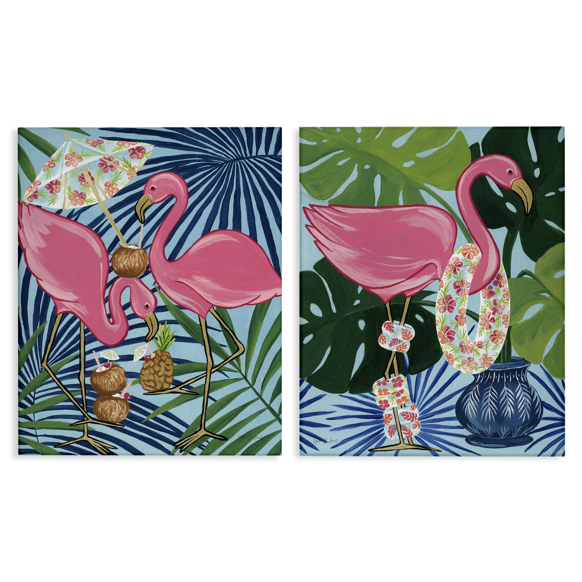Stupell Industries Happy Hour Flamingos Animals Painting Wrapped Canvas Art Print Wall Art, 16 x 20, Set of 2