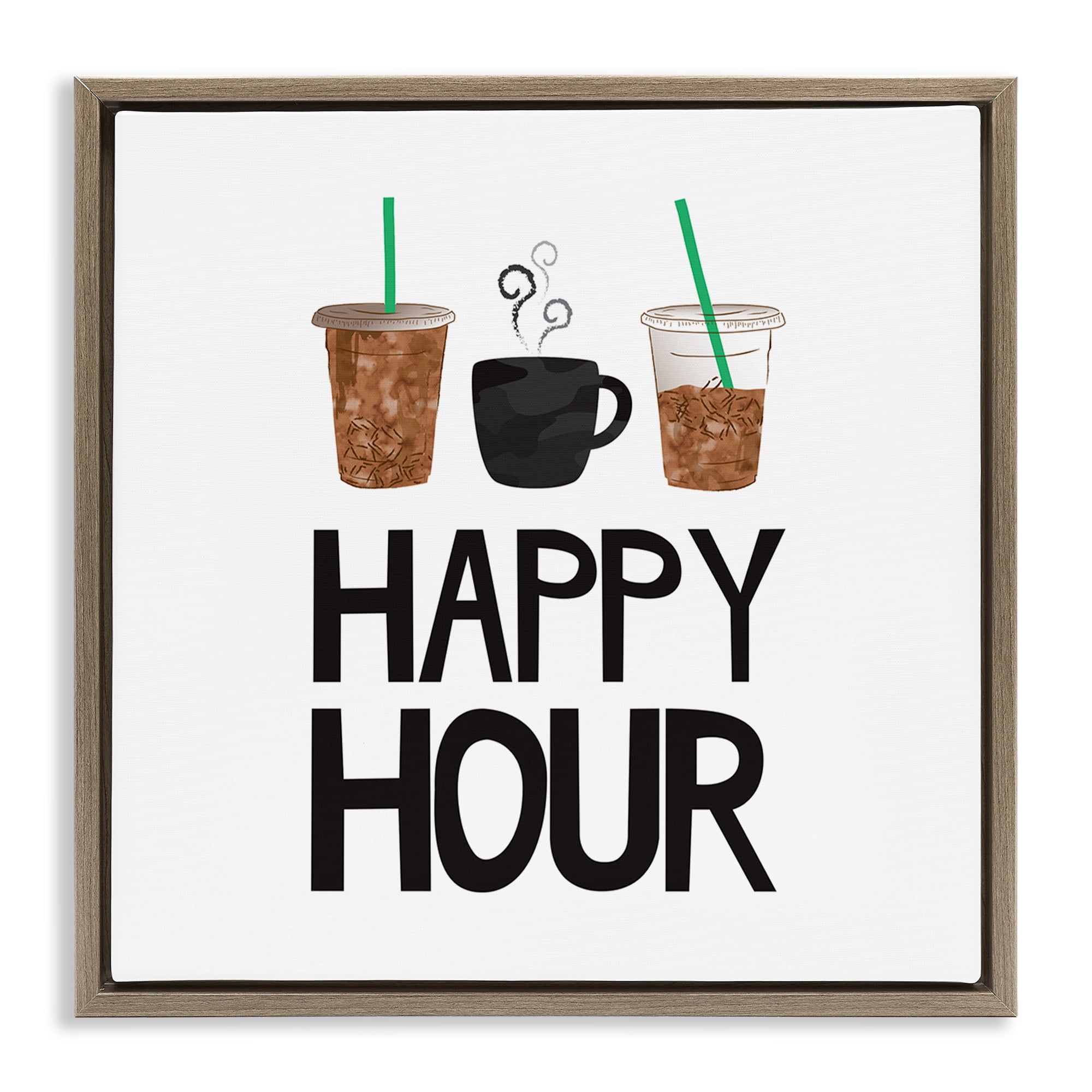 Stupell Industries Happy Hour Iced Coffee Drinks Food & Beverage Painting Brown Floater Framed Canvas Art Print Wall Art, 25 x 25