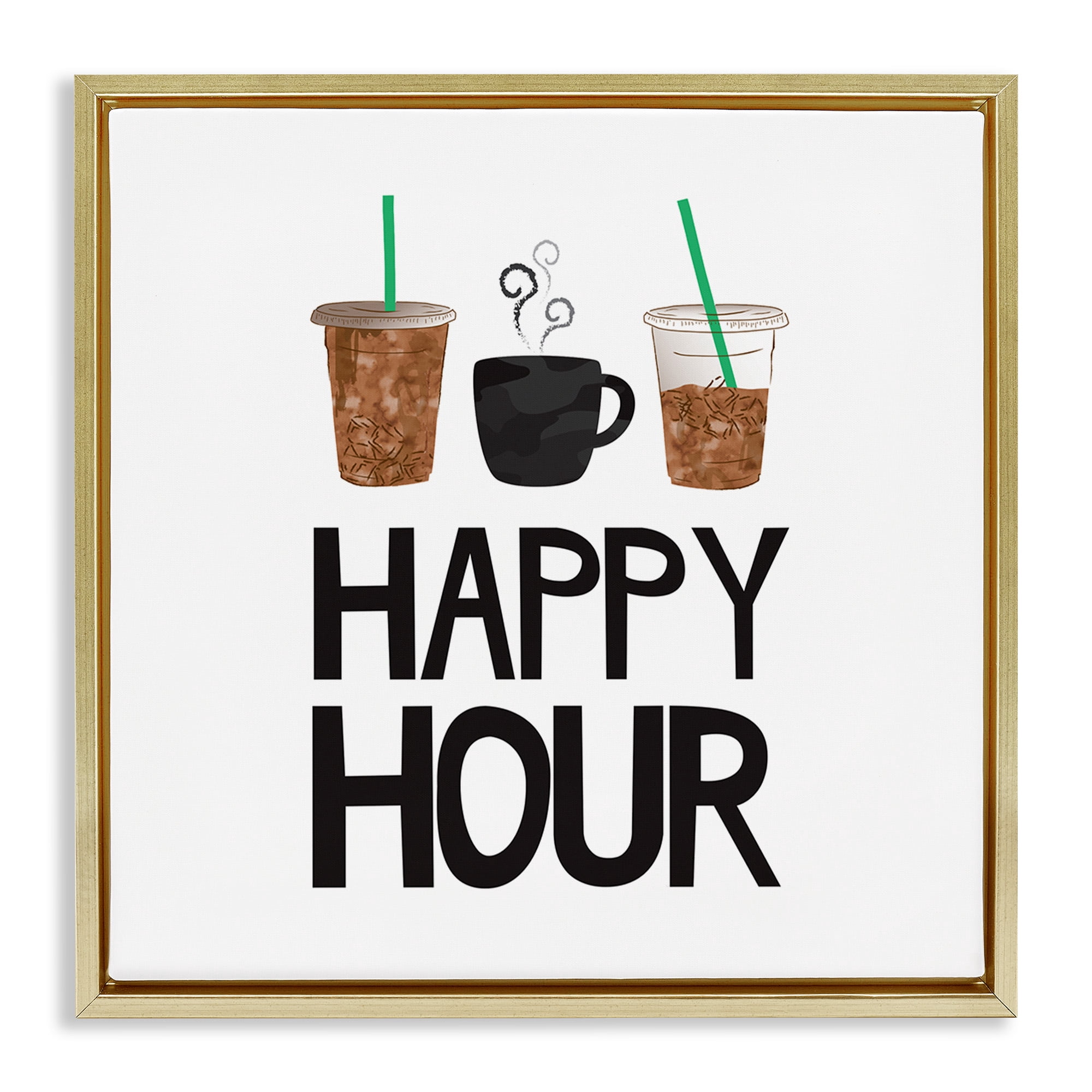 Stupell Industries Happy Hour Iced Coffee Drinks Food & Beverage Painting Gold Floater Framed Canvas Art Print Wall Art, 18 x 18