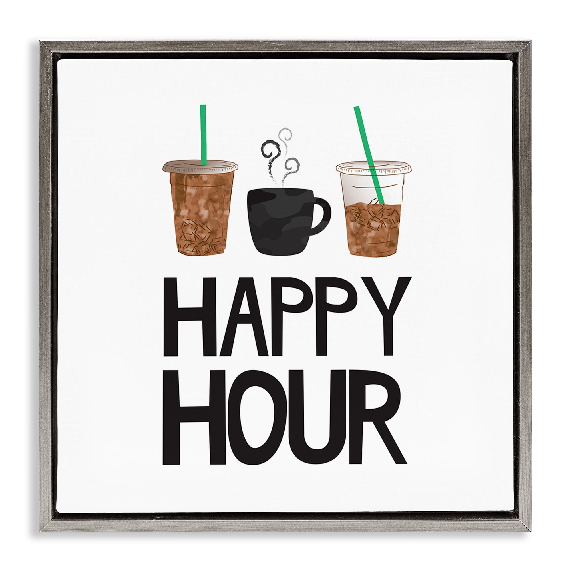 Stupell Industries Happy Hour Iced Coffee Drinks Food & Beverage Painting Gray Floater Framed Canvas Art Print Wall Art, 25 x 25