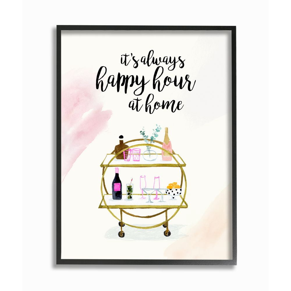 Stupell Industries Happy Hour Text Tray Drinks Watercolor Glam Phrase Framed Wall Art Design by Victoria Borges, 16" x 20", Black Framed