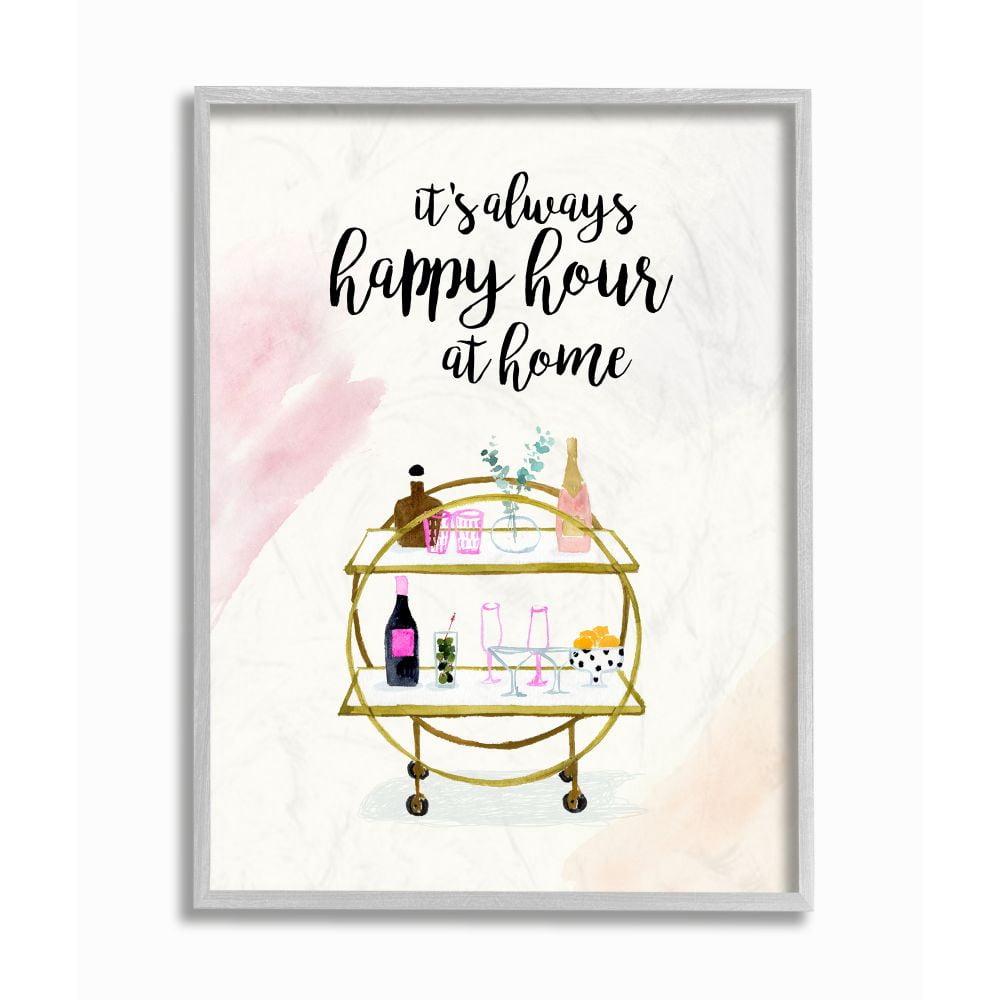 Stupell Industries Happy Hour Text Tray Drinks Watercolor Glam Phrase Framed Wall Art Design by Victoria Borges, 16" x 20", Gray Framed