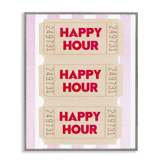 Stupell Industries Happy Hour Ticket Stubs Quotes and Sayings Painting Gray Framed Art Print Wall Art, 11 x 14