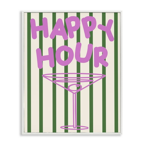 Stupell Industries Happy Hour on Stripes Food & Beverage Painting White Framed Art Print Wall Art, 11 x 14