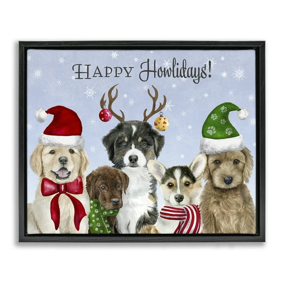 Stupell Industries - Happy Howlidays Seasonal Puppies Black Floating Frame Canvas Art, 21 x 17, Made In USA