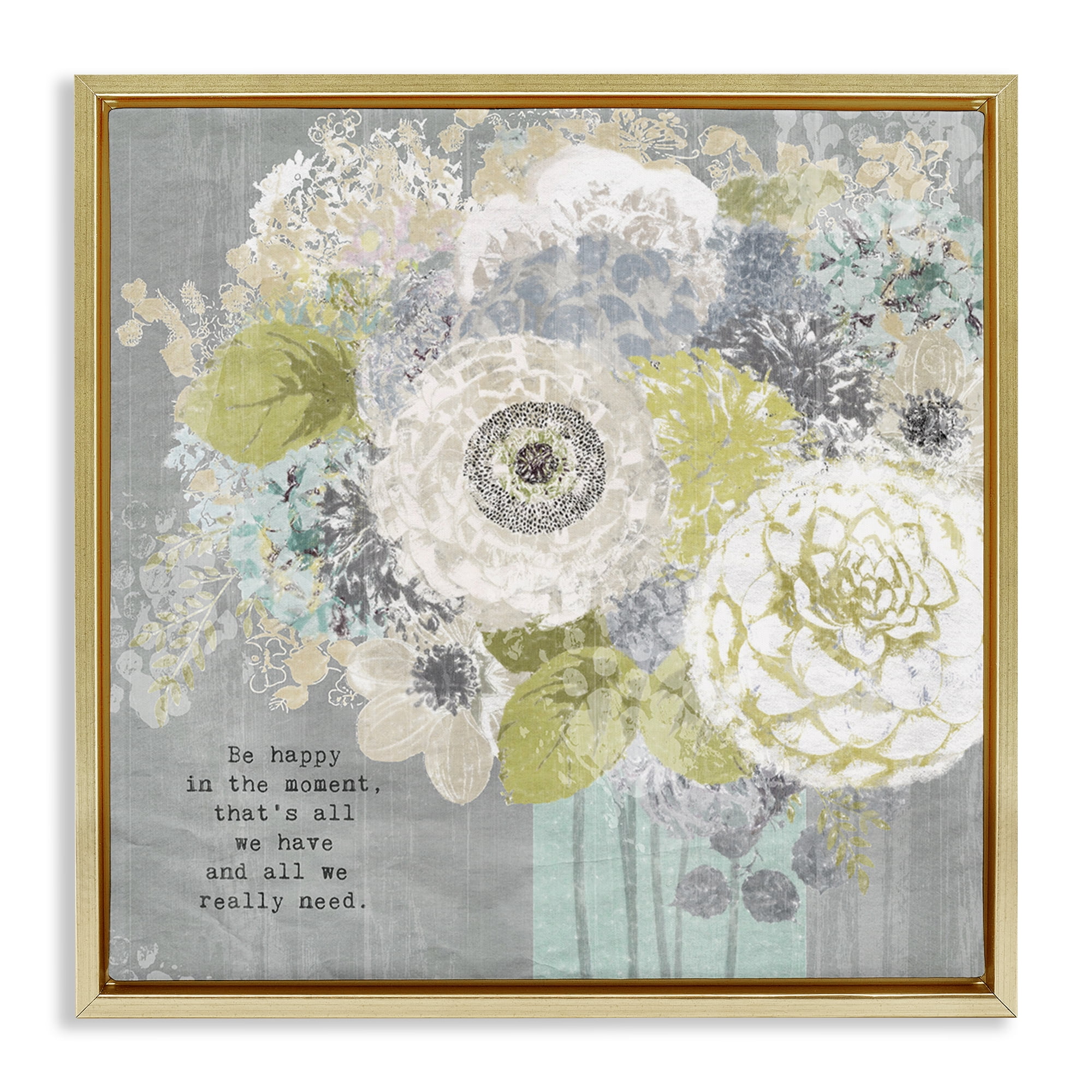 Stupell Industries Happy In The Moment Gold Framed Floater Canvas Wall Art, design by Suzanne Nicoll