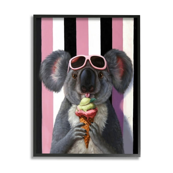 Stupell Industries Happy Koala Ice Cream Stripes Painting Black Framed Art Print Wall Art, Design by Lucia Heffernan