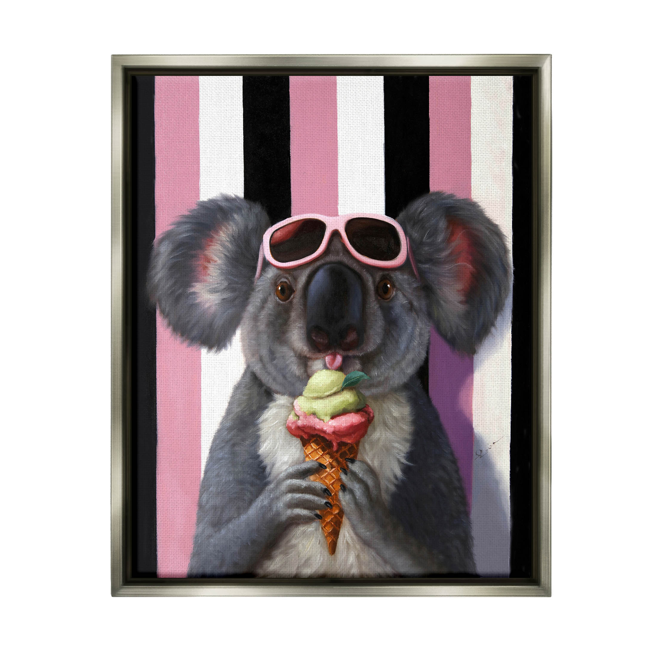 Stupell Industries Happy Koala Ice Cream Stripes Painting Luster Gray Floating Framed Canvas Print Wall Art, Design by Lucia Heffernan