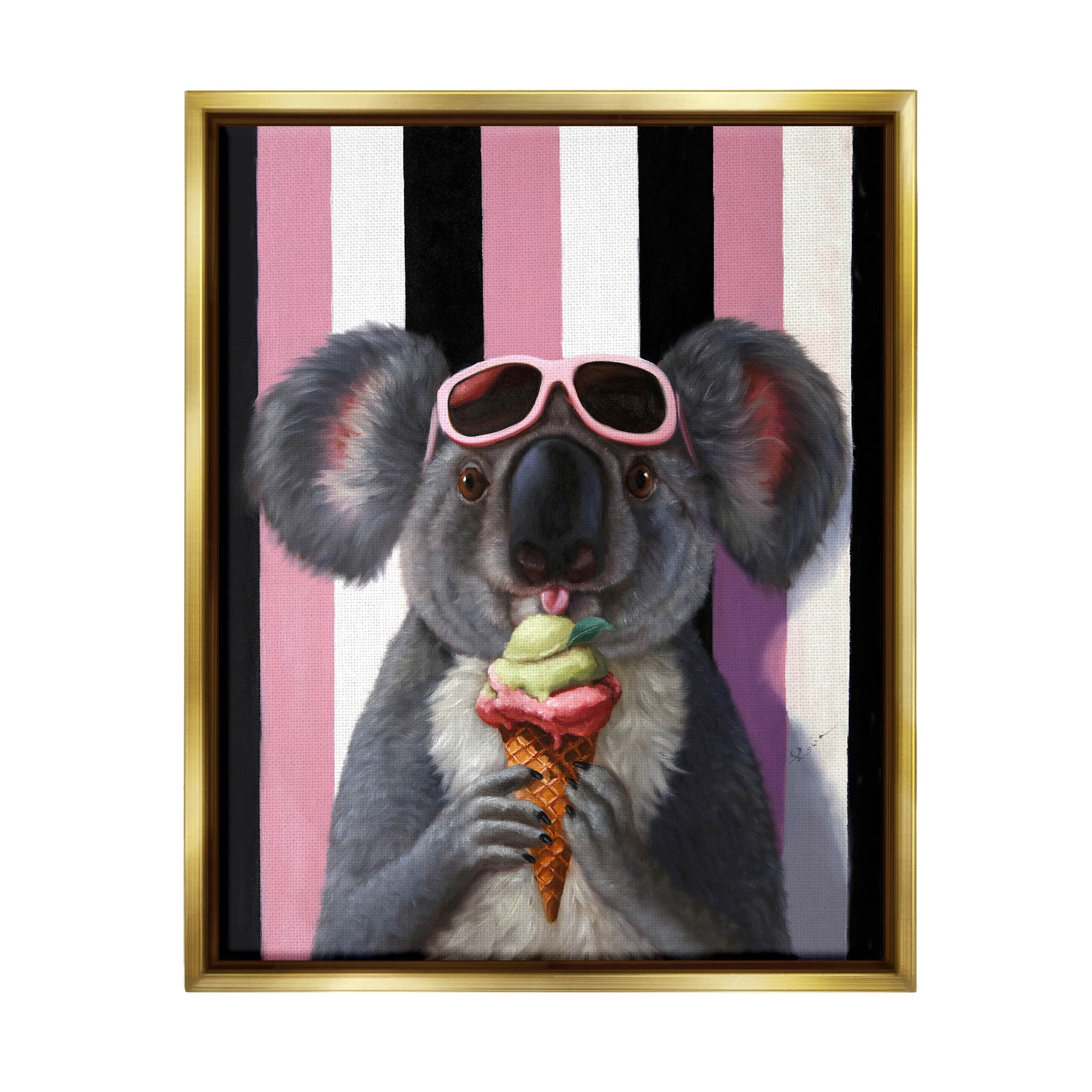 Stupell Industries Happy Koala Ice Cream Stripes Painting Metallic Gold Floating Framed Canvas Print Wall Art, Design by Lucia Heffernan