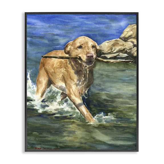 Stupell Industries Happy Labrador with Stick Black Framed Giclee Art, design by George Dyachenko