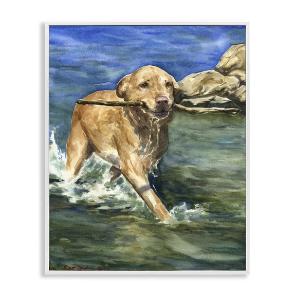 Stupell Industries Happy Labrador with Stick White Framed Giclee Art, design by George Dyachenko