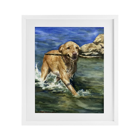Stupell Industries Happy Labrador with Stick White Framed Print Under Glass, design by George Dyachenko