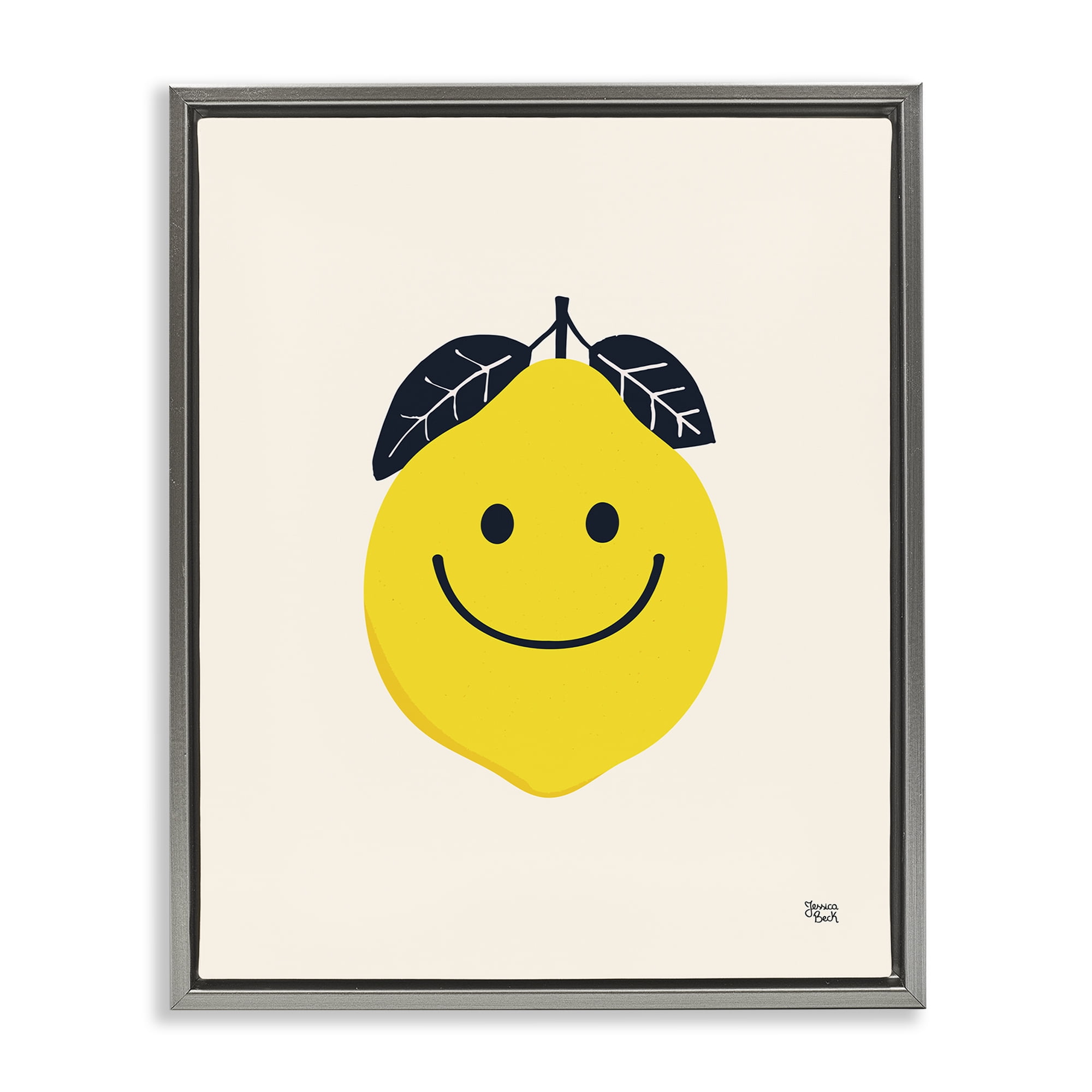 Stupell Industries Happy Lemon Smile Food & Beverage Painting Gray Floater Framed Canvas Art Print Wall Art, 17 x 21