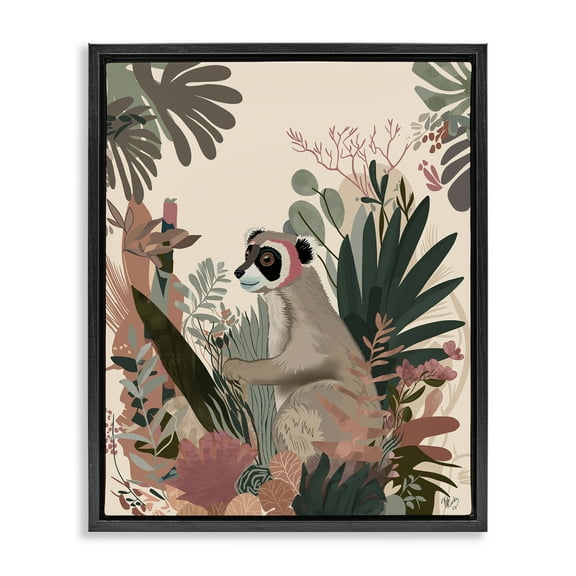 Stupell Industries Happy Lemur & Plants Animals & Insects Painting Black Floater Framed Canvas Art Print Wall Art, 17 x 21