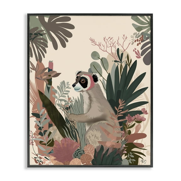 Stupell Industries Happy Lemur & Plants Animals & Insects Painting Black Framed Art Print Wall Art, 11 x 14