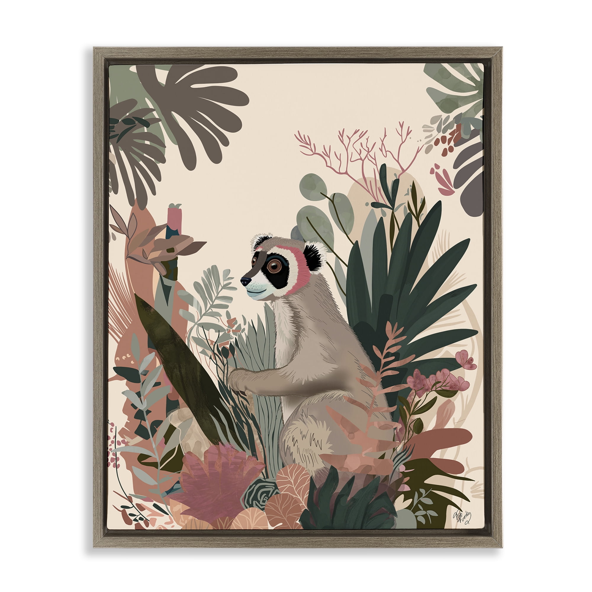 Stupell Industries Happy Lemur & Plants Animals & Insects Painting Brown Floater Framed Canvas Art Print Wall Art, 25 x 31