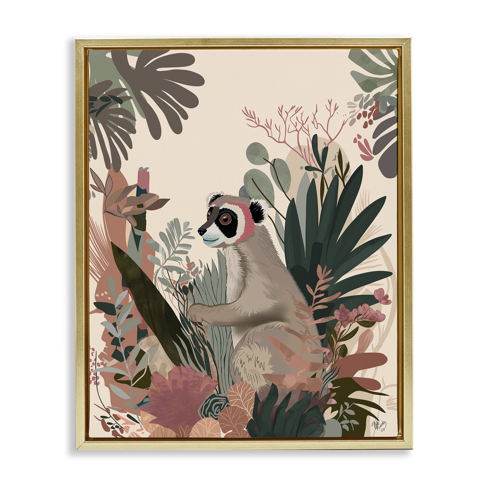 Stupell Industries Happy Lemur & Plants Animals & Insects Painting Gold Floater Framed Canvas Art Print Wall Art, 17 x 21