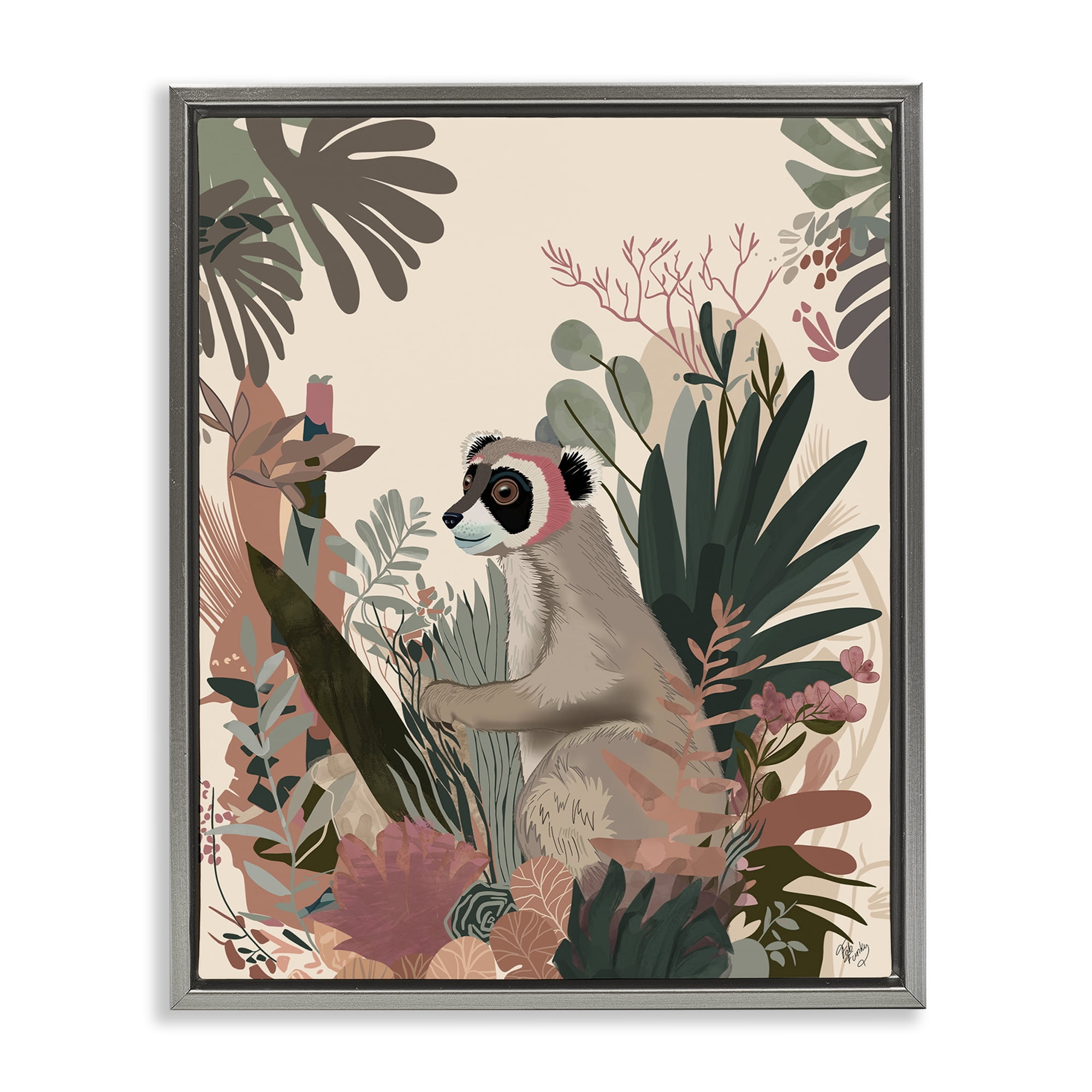 Stupell Industries Happy Lemur & Plants Animals & Insects Painting Gray Floater Framed Canvas Art Print Wall Art, 17 x 21
