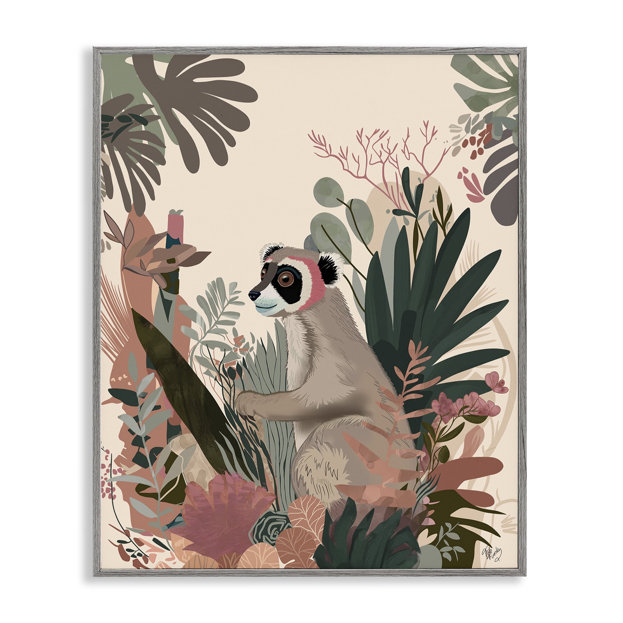 Stupell Industries Happy Lemur & Plants Animals & Insects Painting Gray Framed Art Print Wall Art, 11 x 14