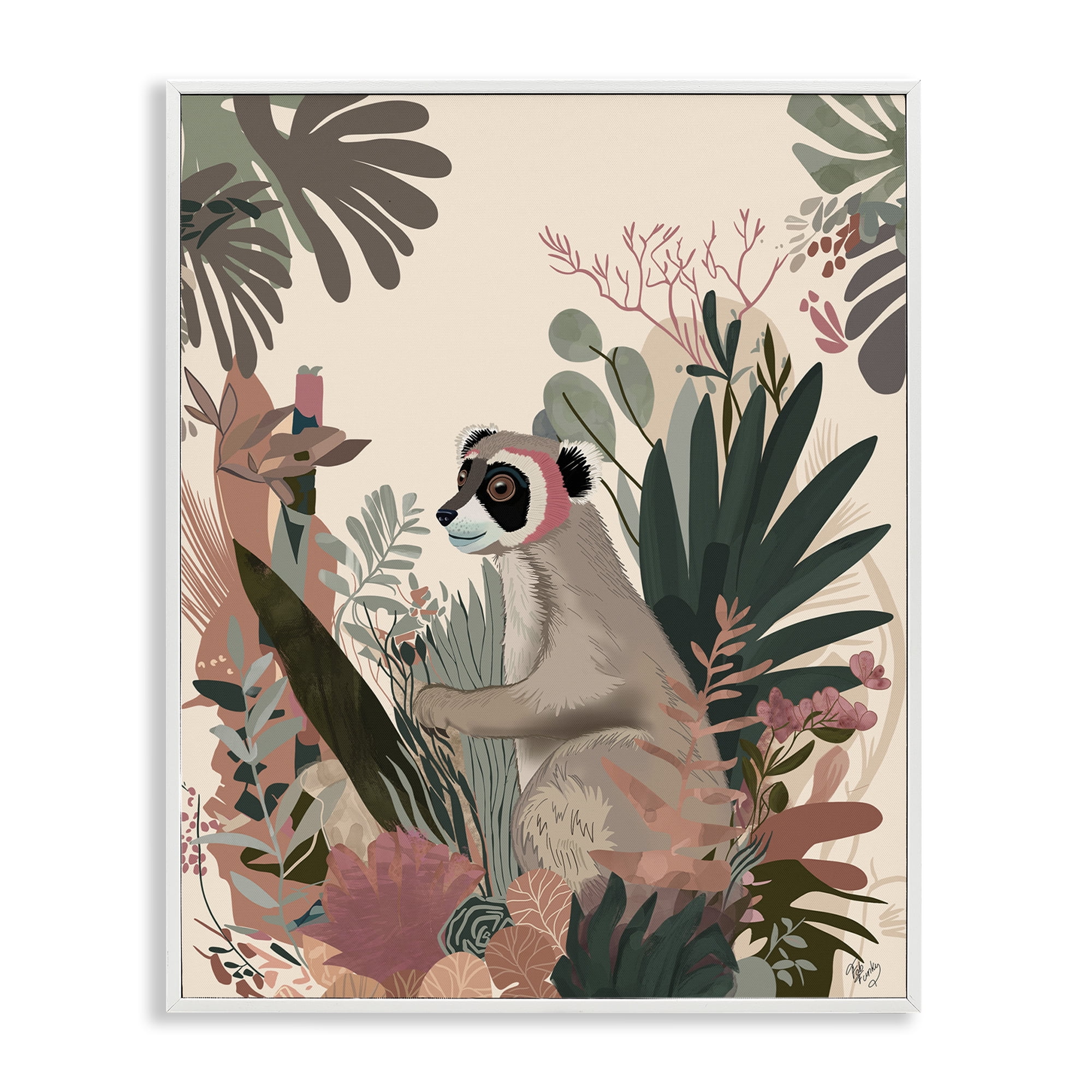 Stupell Industries Happy Lemur & Plants Animals & Insects Painting White Framed Art Print Wall Art, 11 x 14