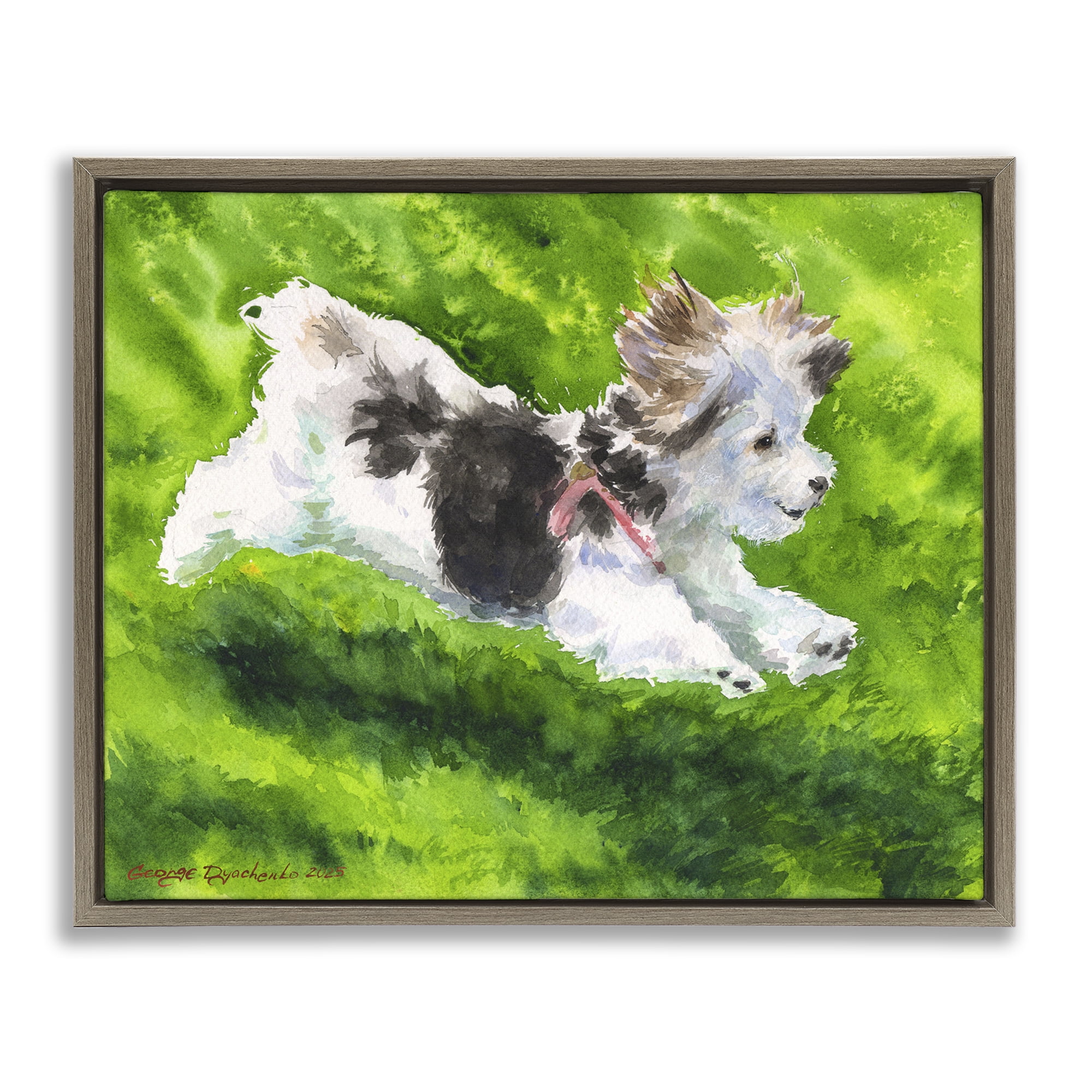 Stupell Industries Happy Maltipoo Running Brown Framed Floater Canvas Wall Art, design by George Dyachenko