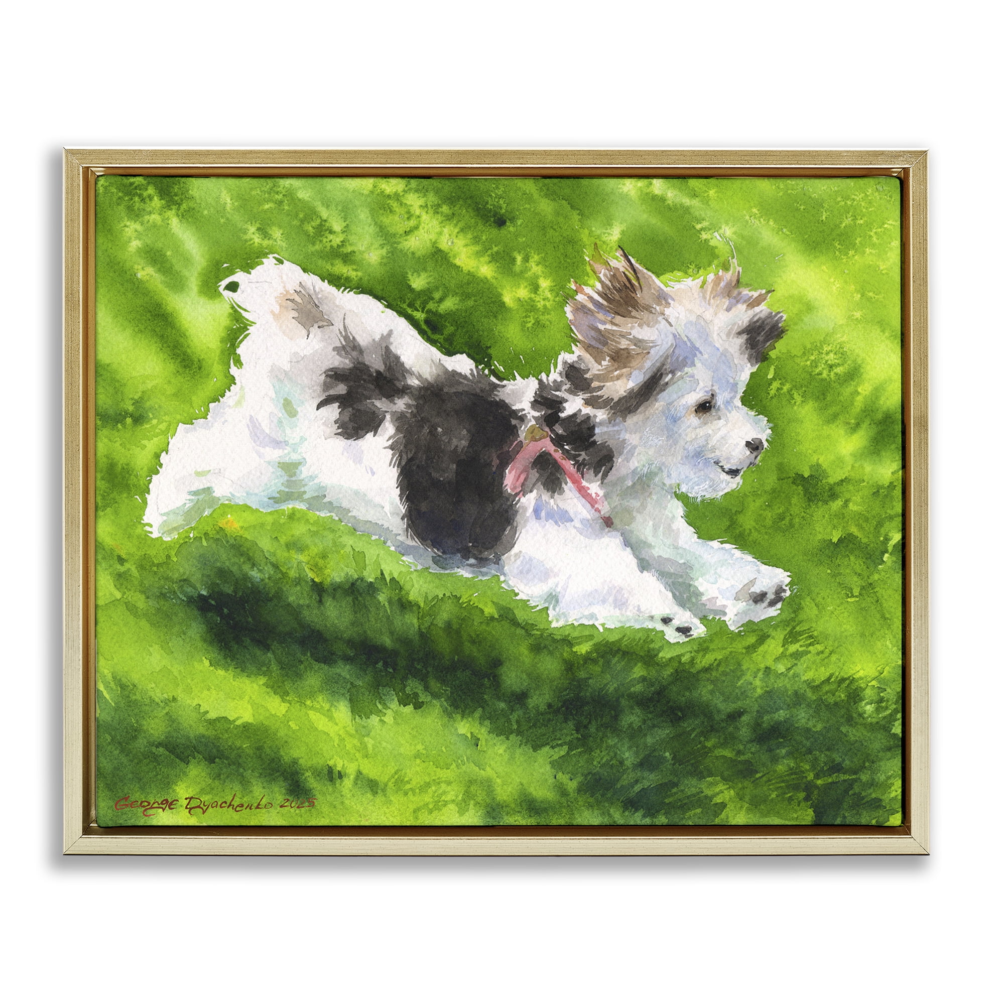Stupell Industries Happy Maltipoo Running Gold Framed Floater Canvas Wall Art, design by George Dyachenko