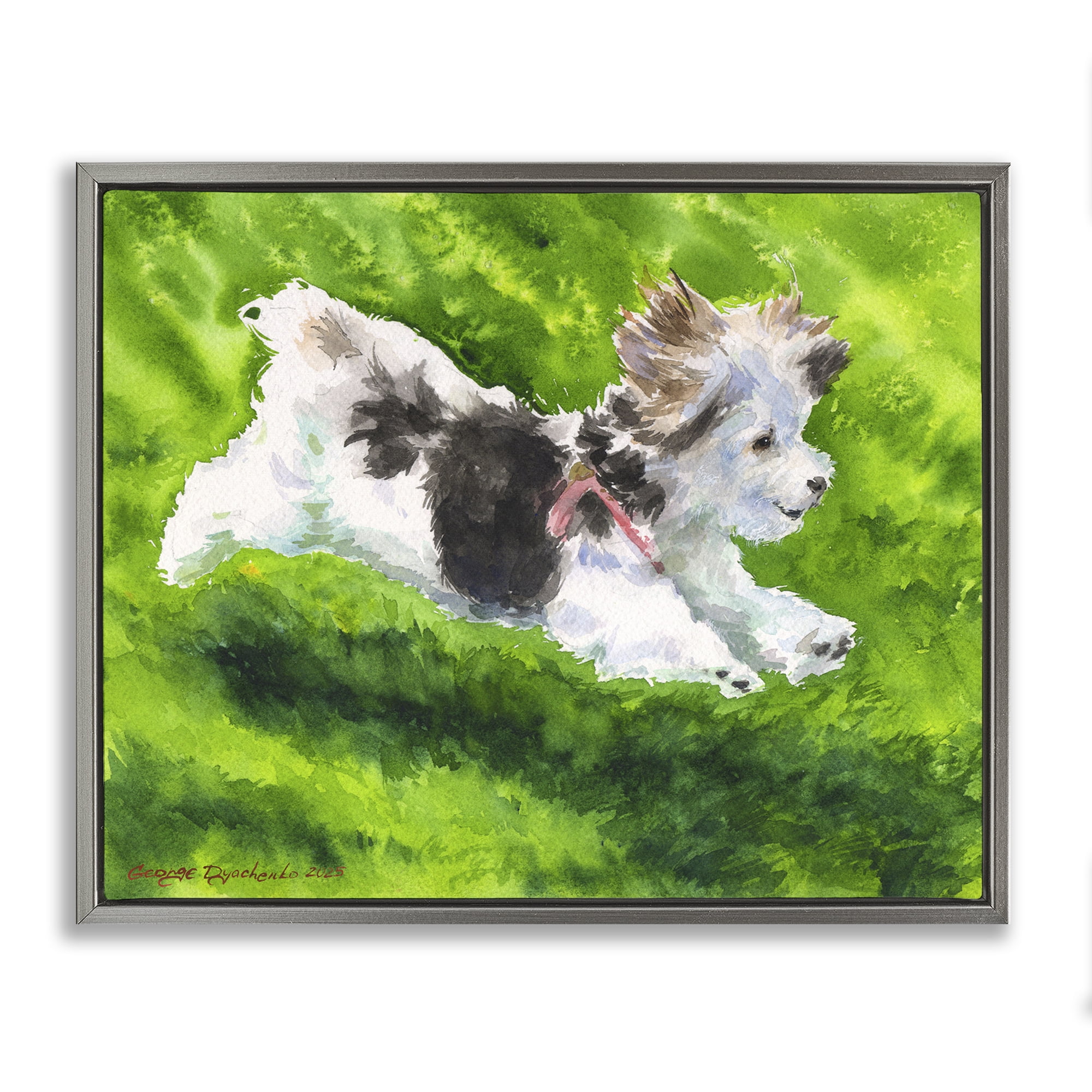 Stupell Industries Happy Maltipoo Running Gray Framed Floater Canvas Wall Art, design by George Dyachenko