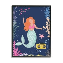 Stupell Industries Happy Mermaid Dancing Boombox Graphic Art Black Framed Art Print Wall Art, Design by Nikita Jariwala