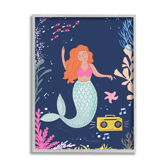 Stupell Industries Happy Mermaid Dancing Boombox Graphic Art Gray Framed Art Print Wall Art, Design by Nikita Jariwala