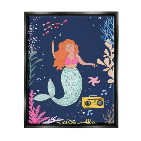 Stupell Industries Happy Mermaid Dancing Boombox Graphic Art Jet Black Floating Framed Canvas Print Wall Art, Design by Nikita Jariwala