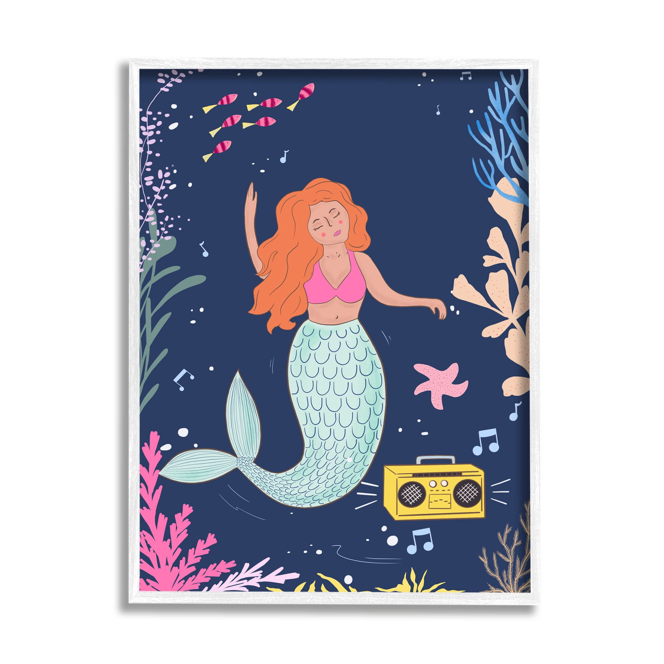 Stupell Industries Happy Mermaid Dancing Boombox Graphic Art White Framed Art Print Wall Art, Design by Nikita Jariwala