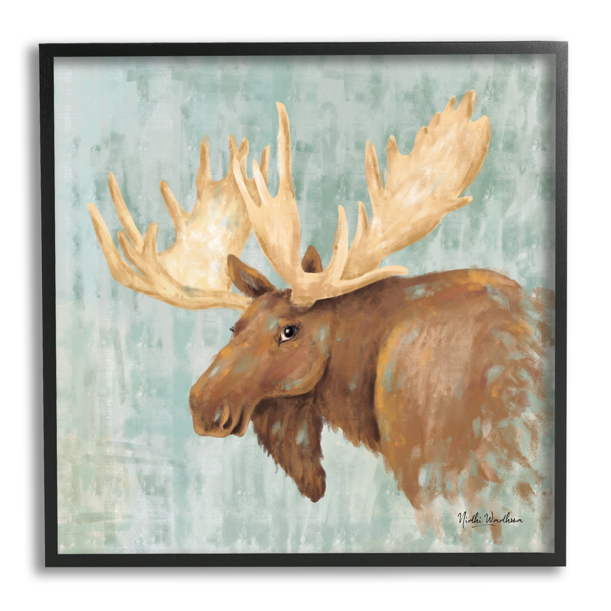 Stupell Industries Happy Moose Portrait Animals & Insects Painting Black Framed Art Print Wall Art, 17 x 17
