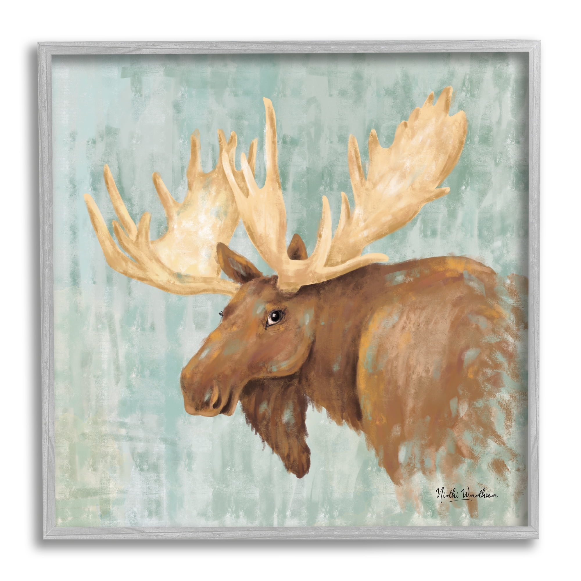 Stupell Industries Happy Moose Portrait Animals & Insects Painting Gray Framed Art Print Wall Art, 24 x 24