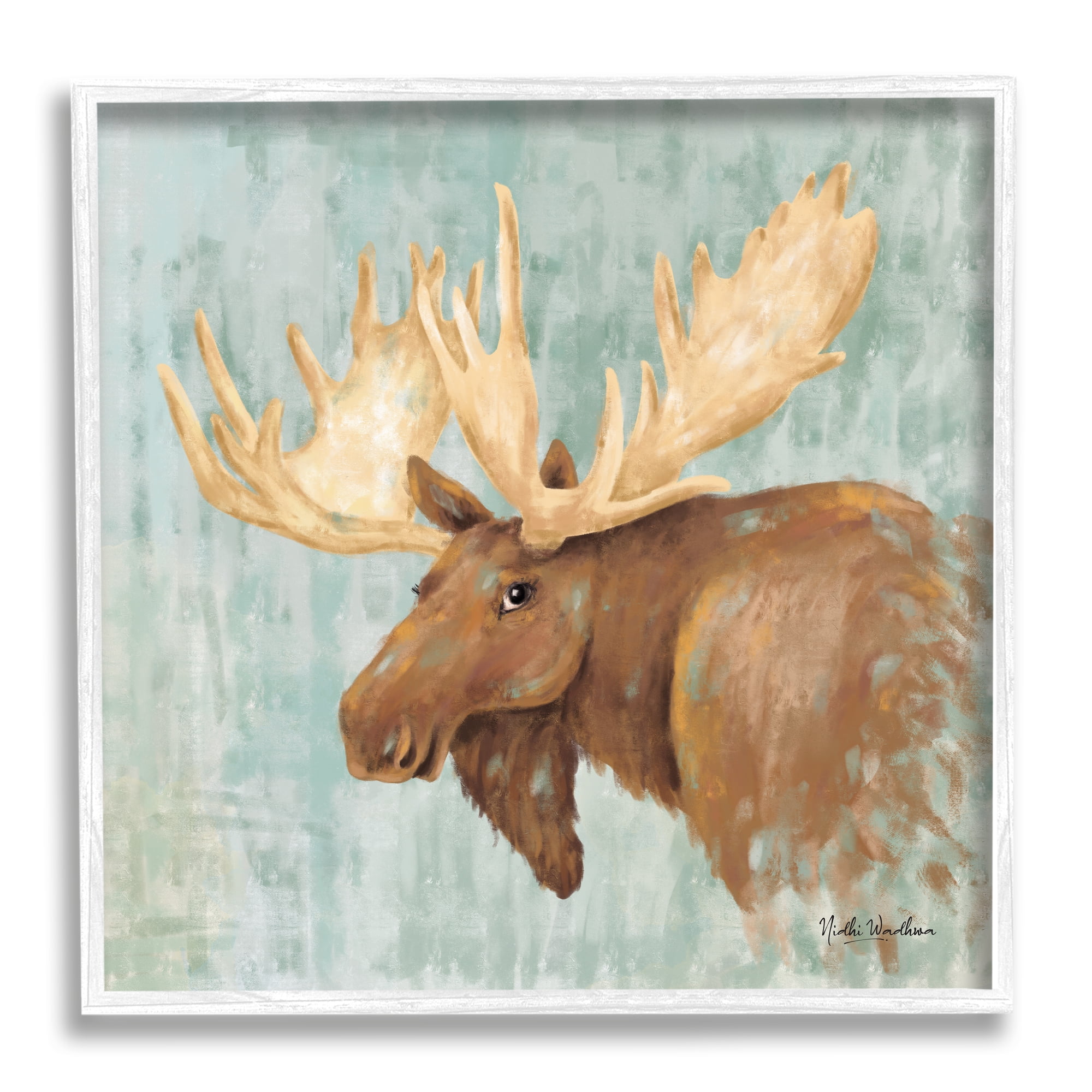 Stupell Industries Happy Moose Portrait Animals & Insects Painting White Framed Art Print Wall Art, 12 x 12