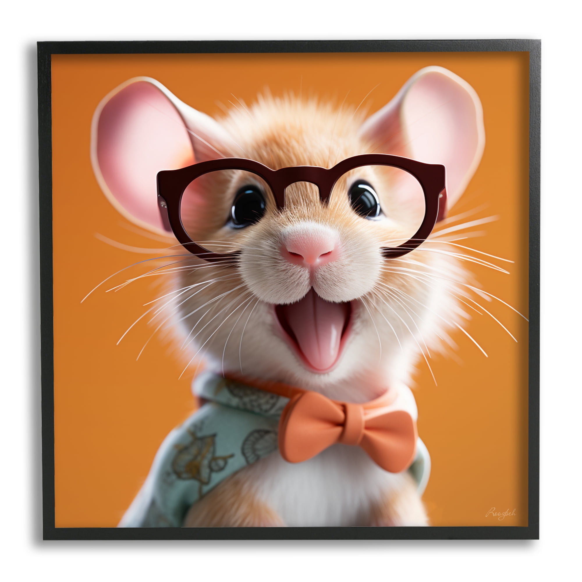Stupell Industries Happy Mouse on Orange Animals & Insects Painting Black Framed Art Print Wall Art, 17 x 17
