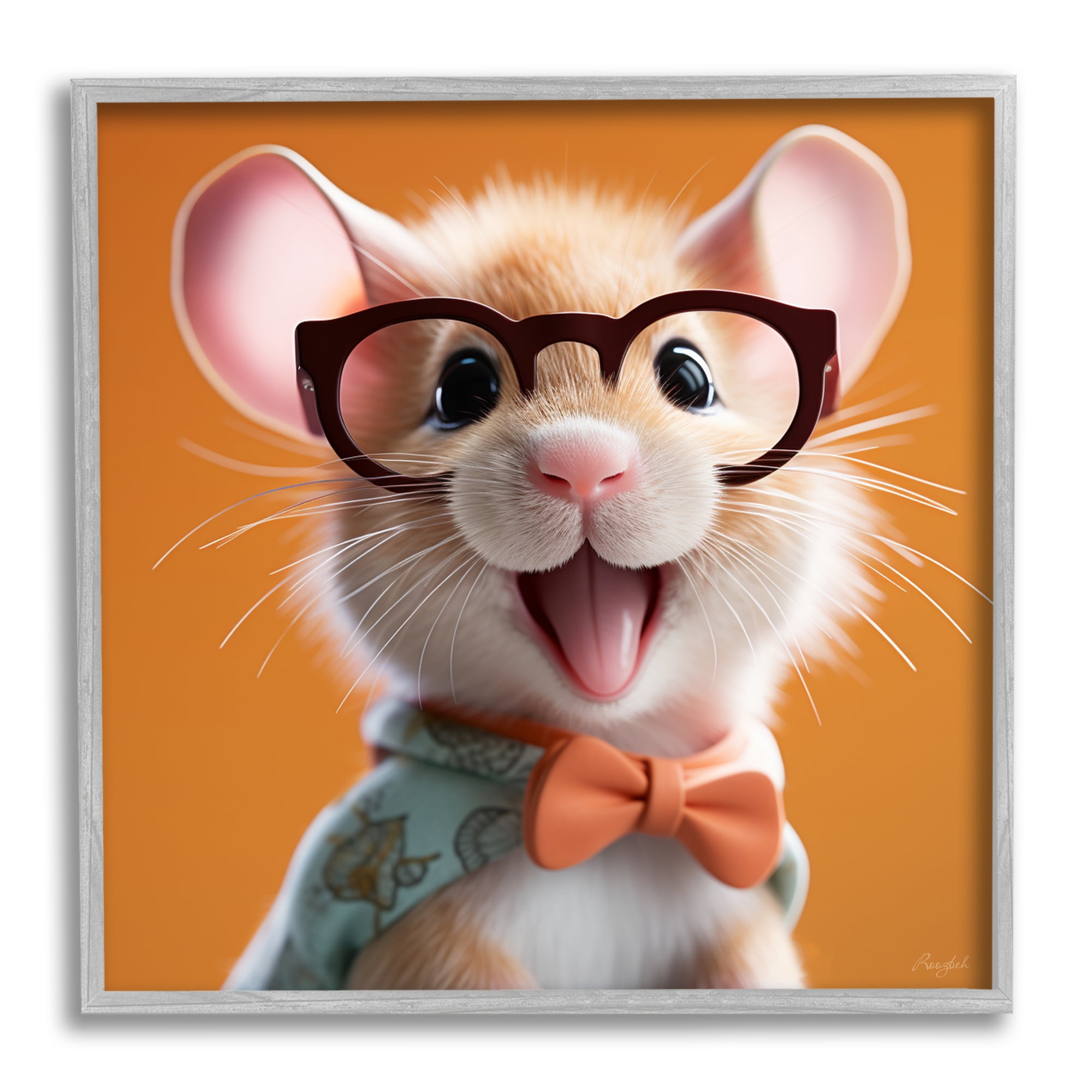 Stupell Industries Happy Mouse on Orange Animals & Insects Painting Gray Framed Art Print Wall Art, 24 x 24