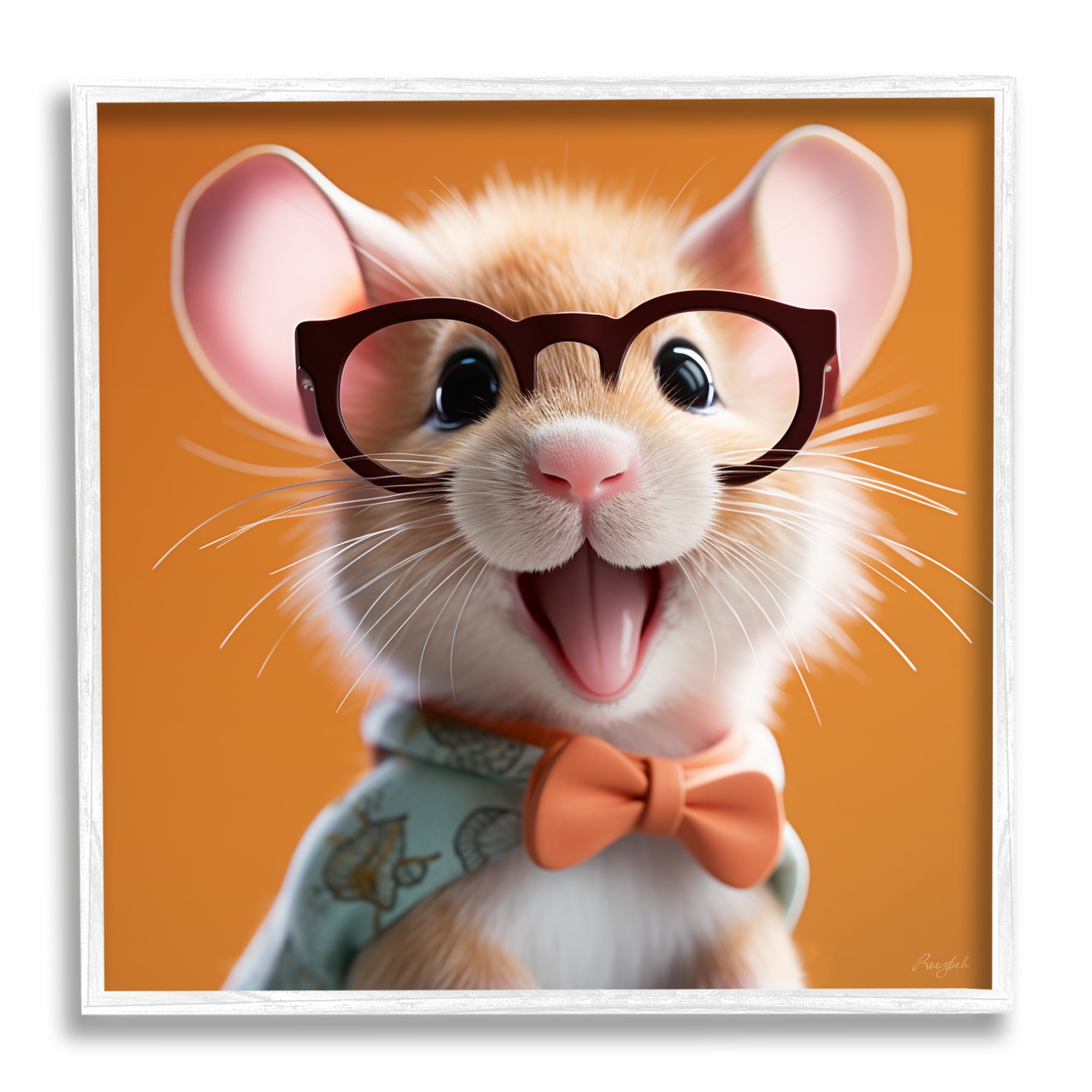 Stupell Industries Happy Mouse on Orange Animals & Insects Painting White Framed Art Print Wall Art, 12 x 12