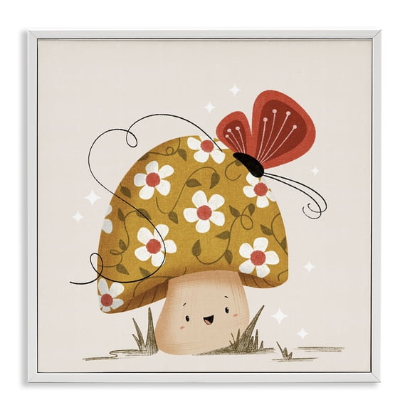 Stupell Industries Happy Mushroom & Butterfly Floral Painting White Framed Art Print Wall Art, 12 x 12