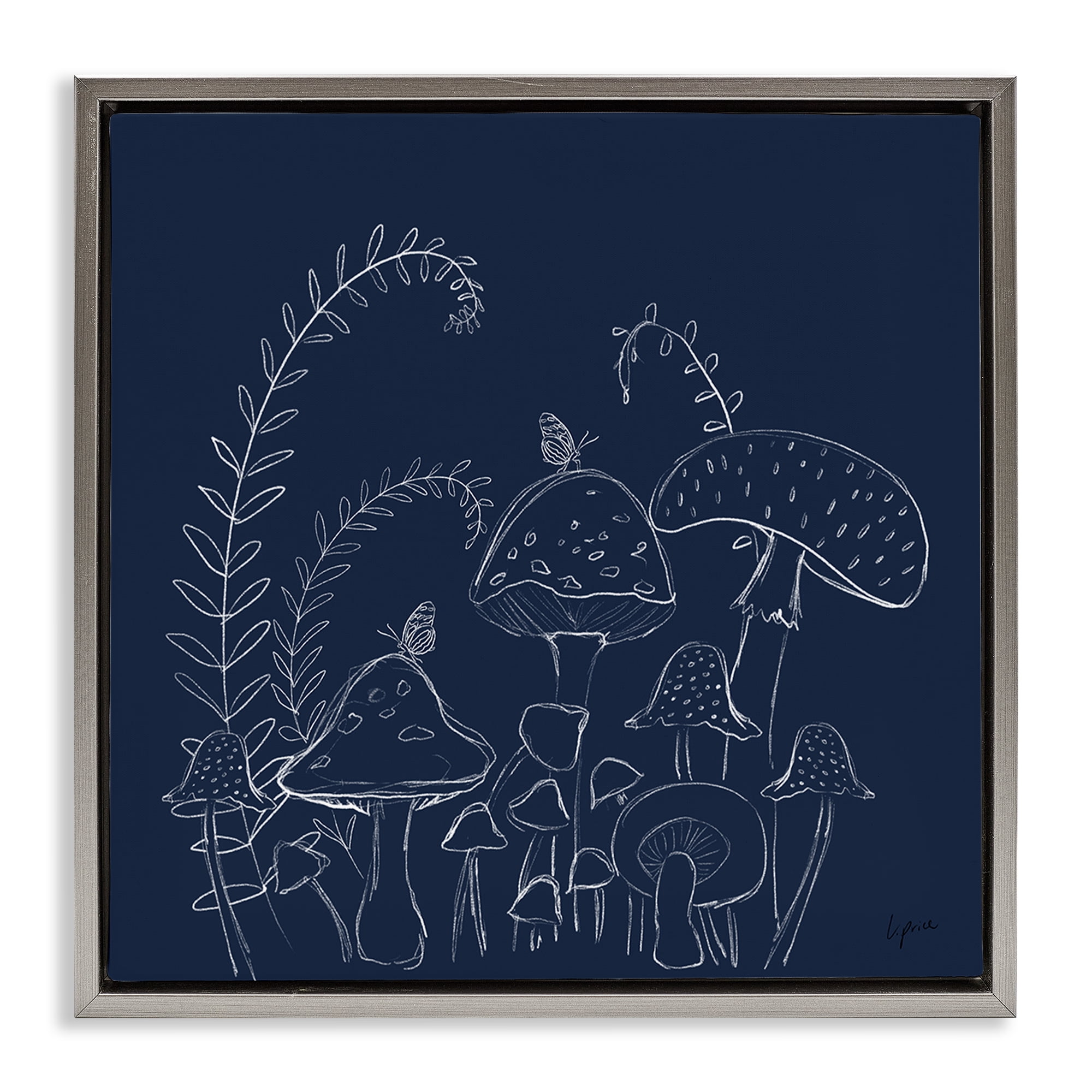 Stupell Industries Happy Mushroom Garden Plants & Flowers Painting Gray Floater Framed Canvas Art Print Wall Art, 25 x 25