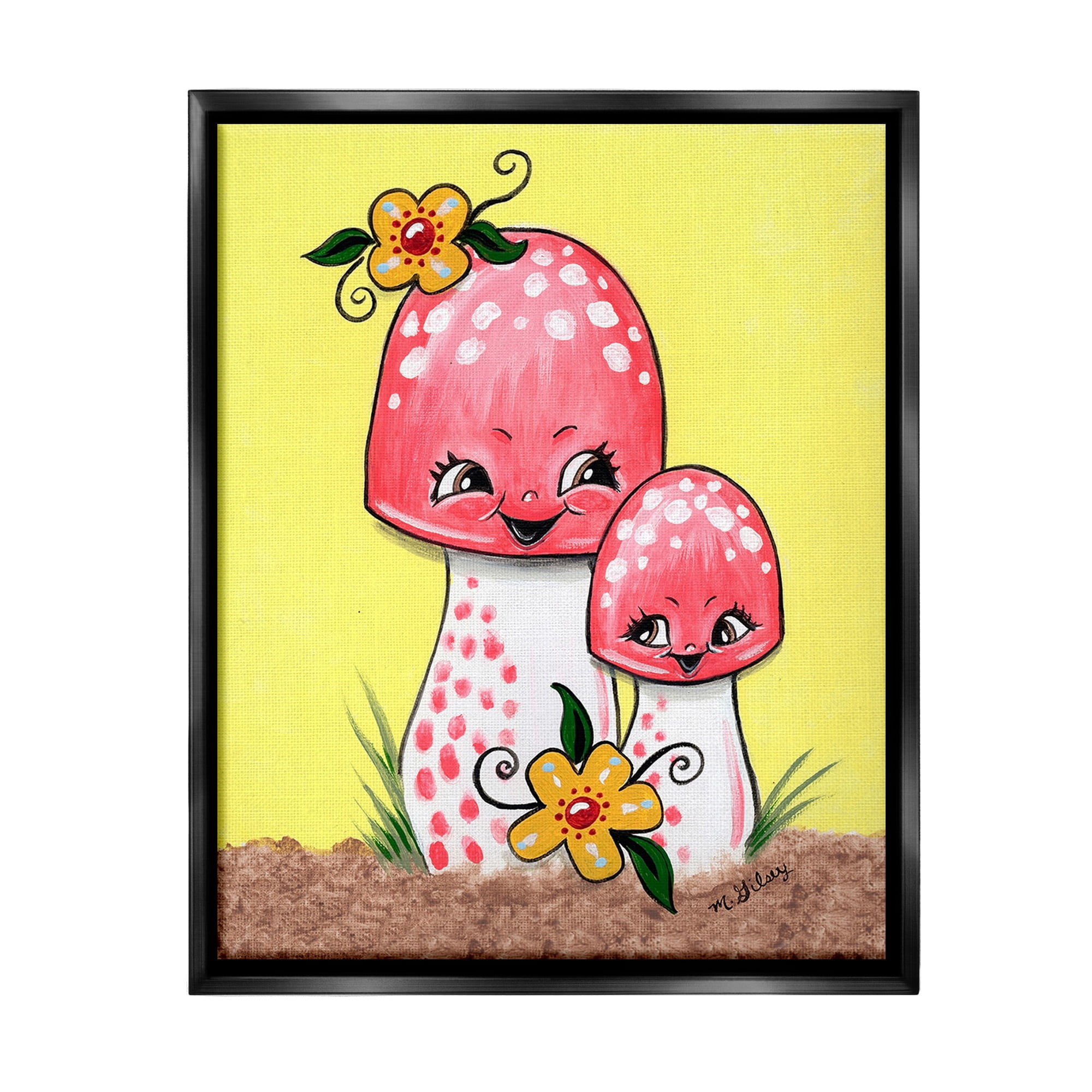Stupell Industries Happy Mushrooms & Flowers Botanical & Floral Painting Black Floater Framed Canvas Art Print Wall Art, 25 x 31