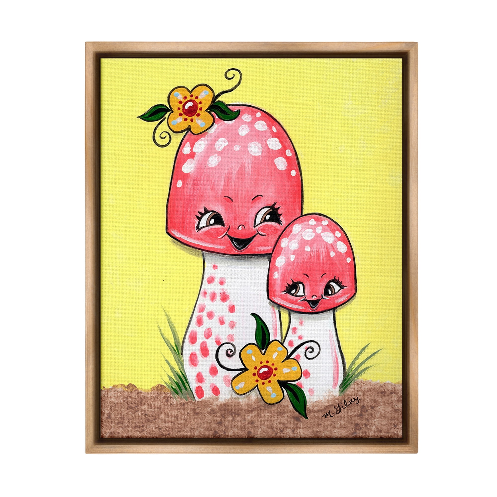 Stupell Industries Happy Mushrooms & Flowers Botanical & Floral Painting Brown Floater Framed Canvas Art Print Wall Art, 17 x 21